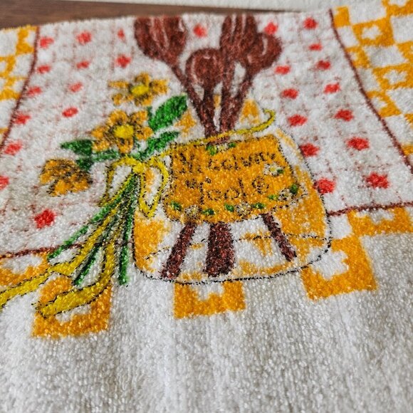 Vintage 70s MCM White Yellow Floral Checker Kitchen Utensil Hand Towel 24" x 15" - Picture 4 of 4